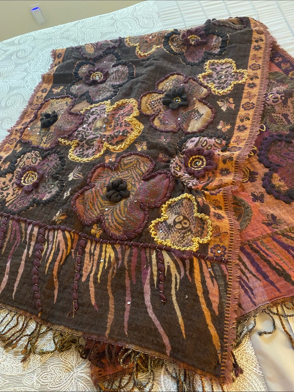 Handmade Floral Embroidered Wool Throw Blanket - Brown and Gold